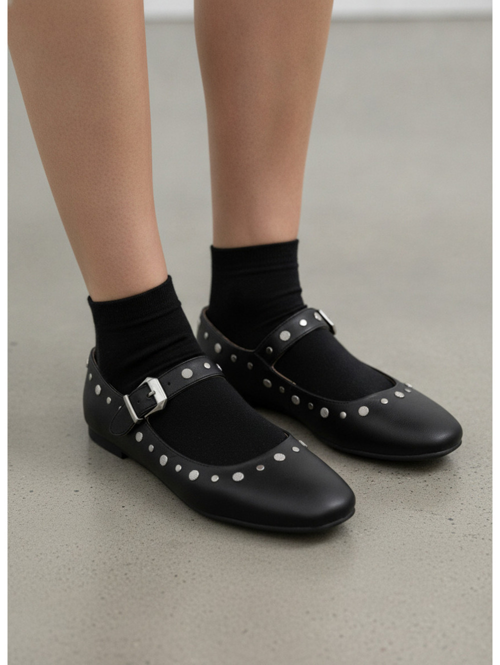 Sun + Stone Black Studded Mary Jane Flats Size 7.5